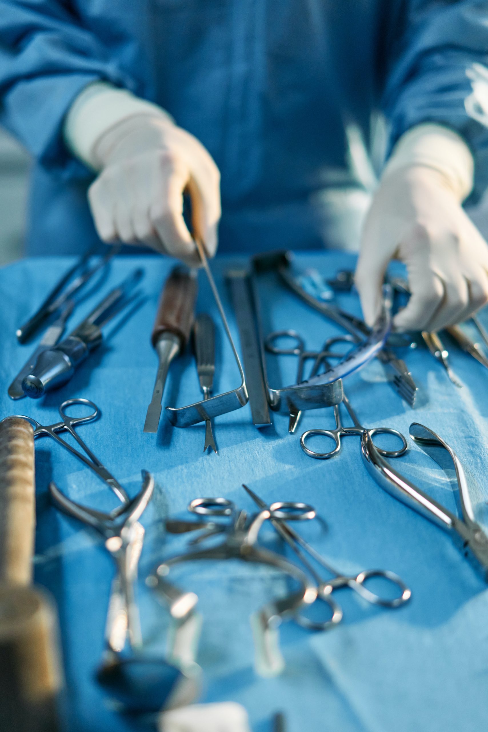 Surgical tools in an operating room setting.